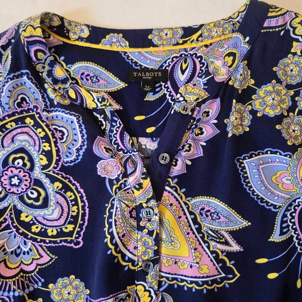 Talbots Womens Floral Paisley Long Sleeve Popover Blouse Top Blue Large Petite - Picture 7 of 12